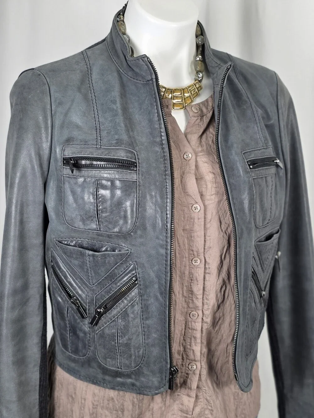 BCBGMAXAZRIA Gray REAL Leather Moto Jacket – Edgy Luxe Designer Jacket S
